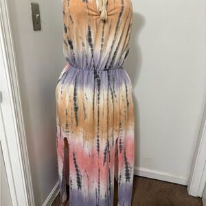 Tie-Dye Sleeveless Maxi Dress in Peach, Lavender & Coral